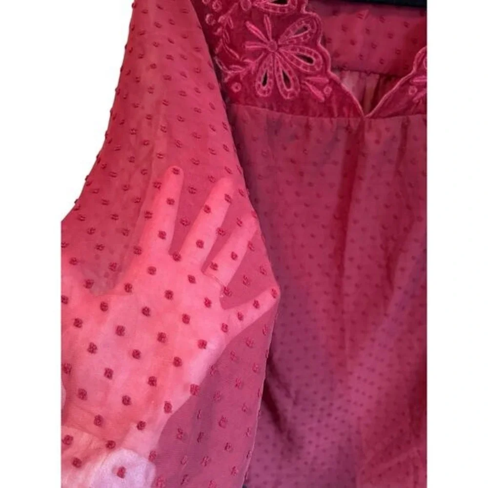 Style & Co Red Swiss Dot Embroidered Boho Blouse 1X Velvet Trim - Picture 6 of 9
